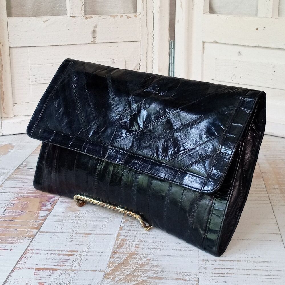 Vintage 80s Exotic Genuine Black Eel Skin Clutch Minimalist Envelope Evening Bag